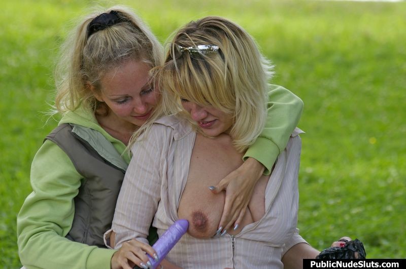 Pair of blonde lesbians playing the sizzling vibro games in the park #76742482