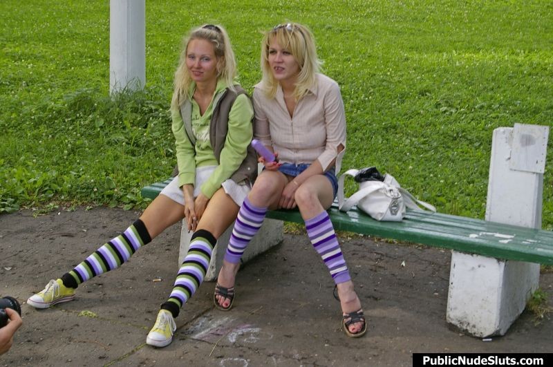 Pair of blonde lesbians playing the sizzling vibro games in the park #76742553