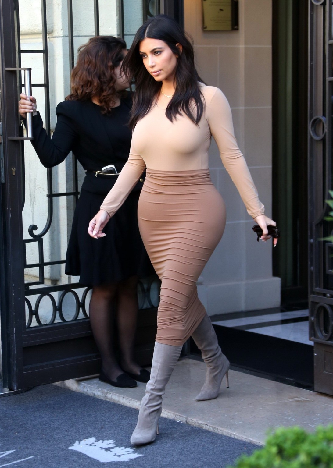 Kim Kardashian shows off her curvy body wearing tight top and skirt outside Le R #75184922