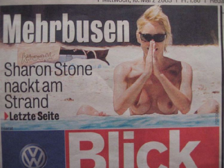 Sharon Stone topless in a bikini at the beach in these pics #75380765