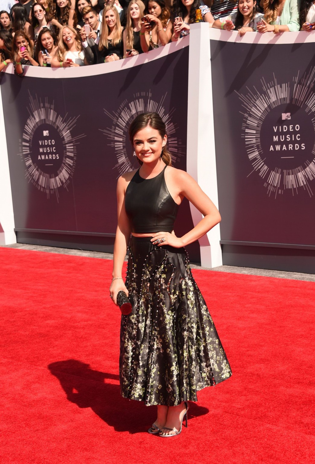 Lucy Hale busty in black leather belly top and skirt at 2014 MTV Video Music Awa #75187476