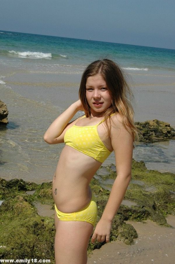 黄色いビキニを着てビーチでポーズをとるエミリー
 #67253603