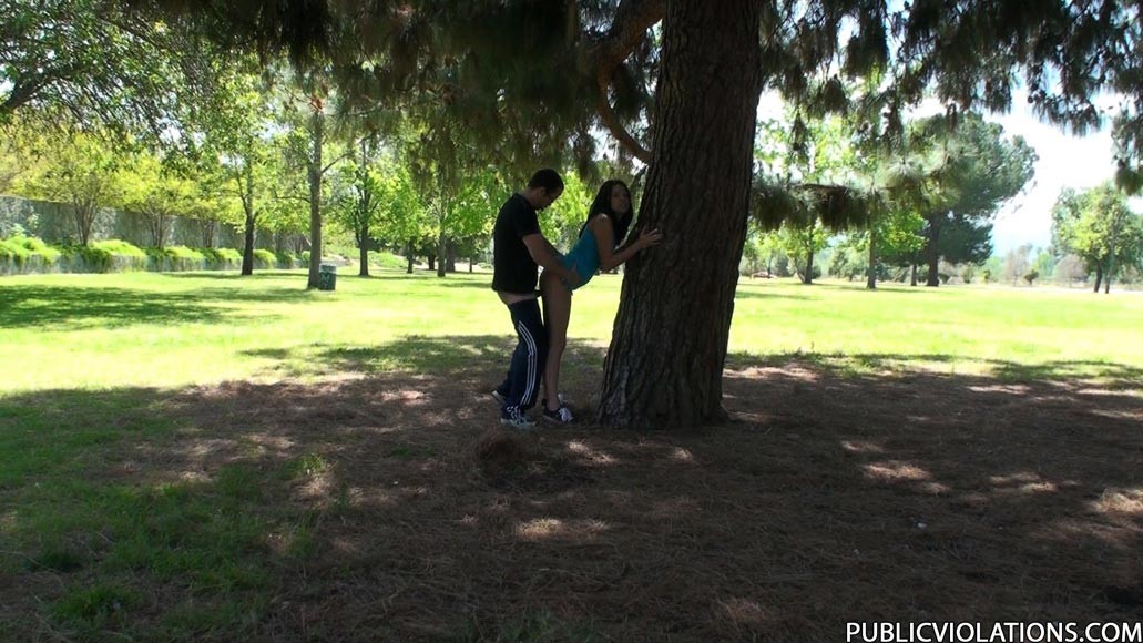Horny brunette babe having sex in a public park #78608168