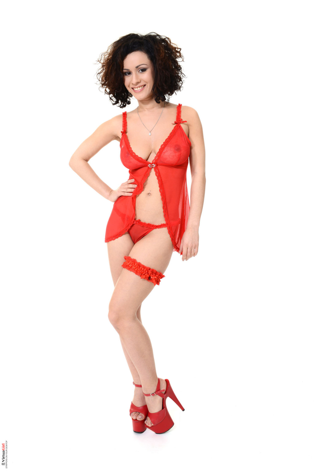 Beauty brunette teasing in her red sheer lingerie and heels #72350422