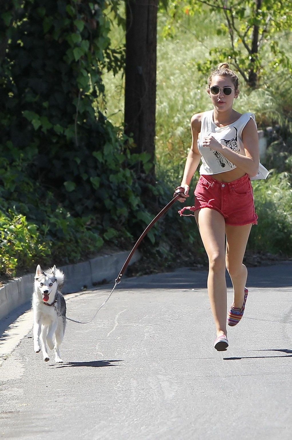 Miley Cyrusが赤いホットパンツを履いて犬のように走る姿
 #75271574