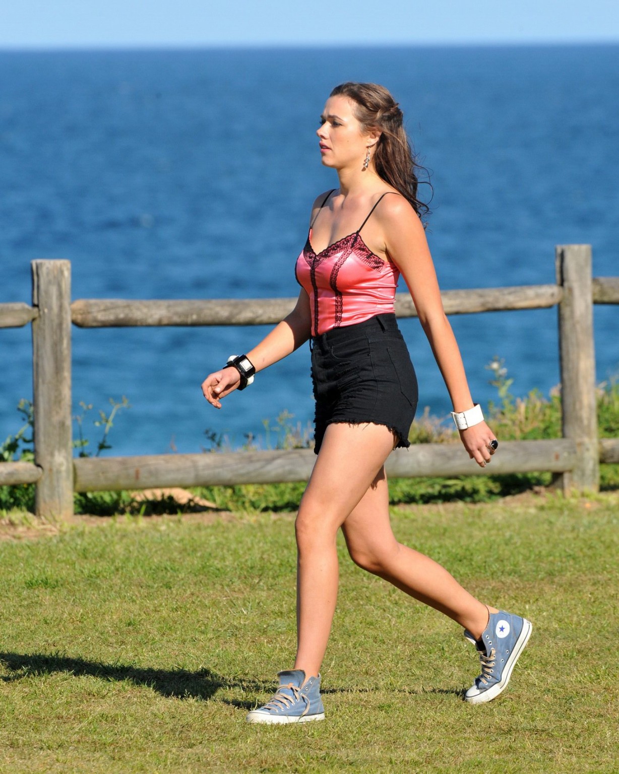 Demi Harman wearing a corset and black shorts on Home  Away set at Palm Beach in #75184849