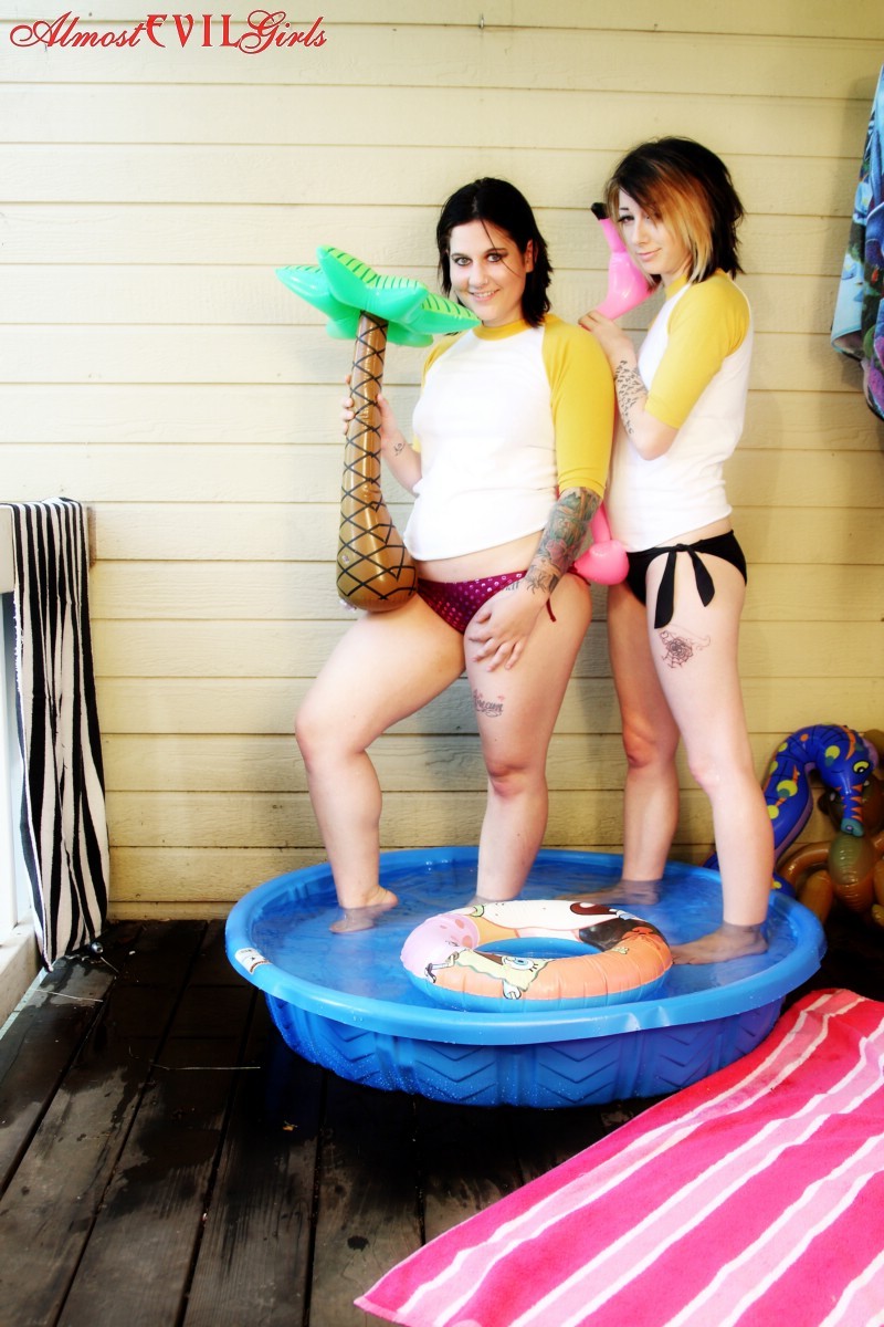 Angel Beau and Green Eyed get all wet and naked in a small pool outside #76405087