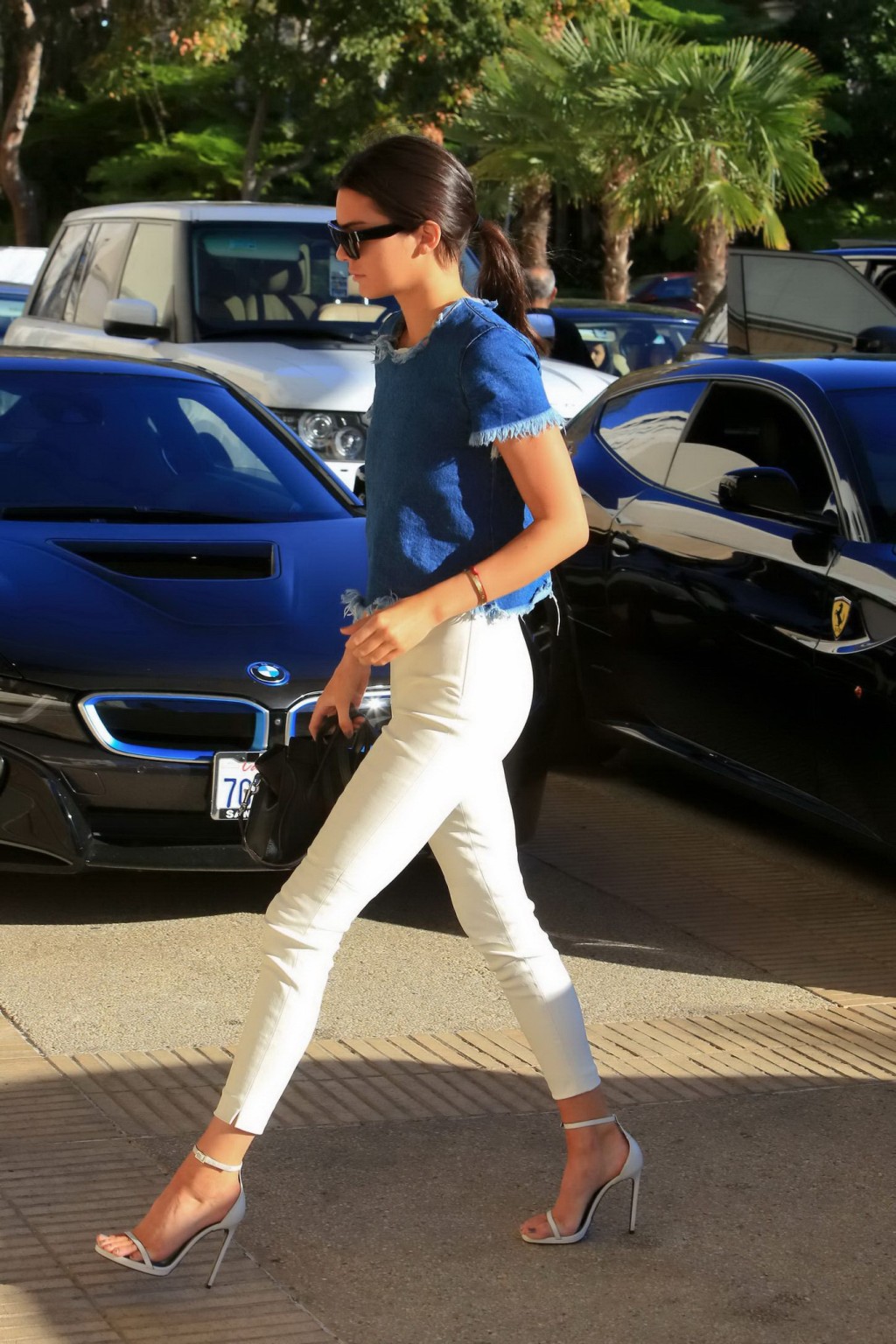 Kendall Jenner showing ass in tight white pants and denim top while shopping in  #75177157