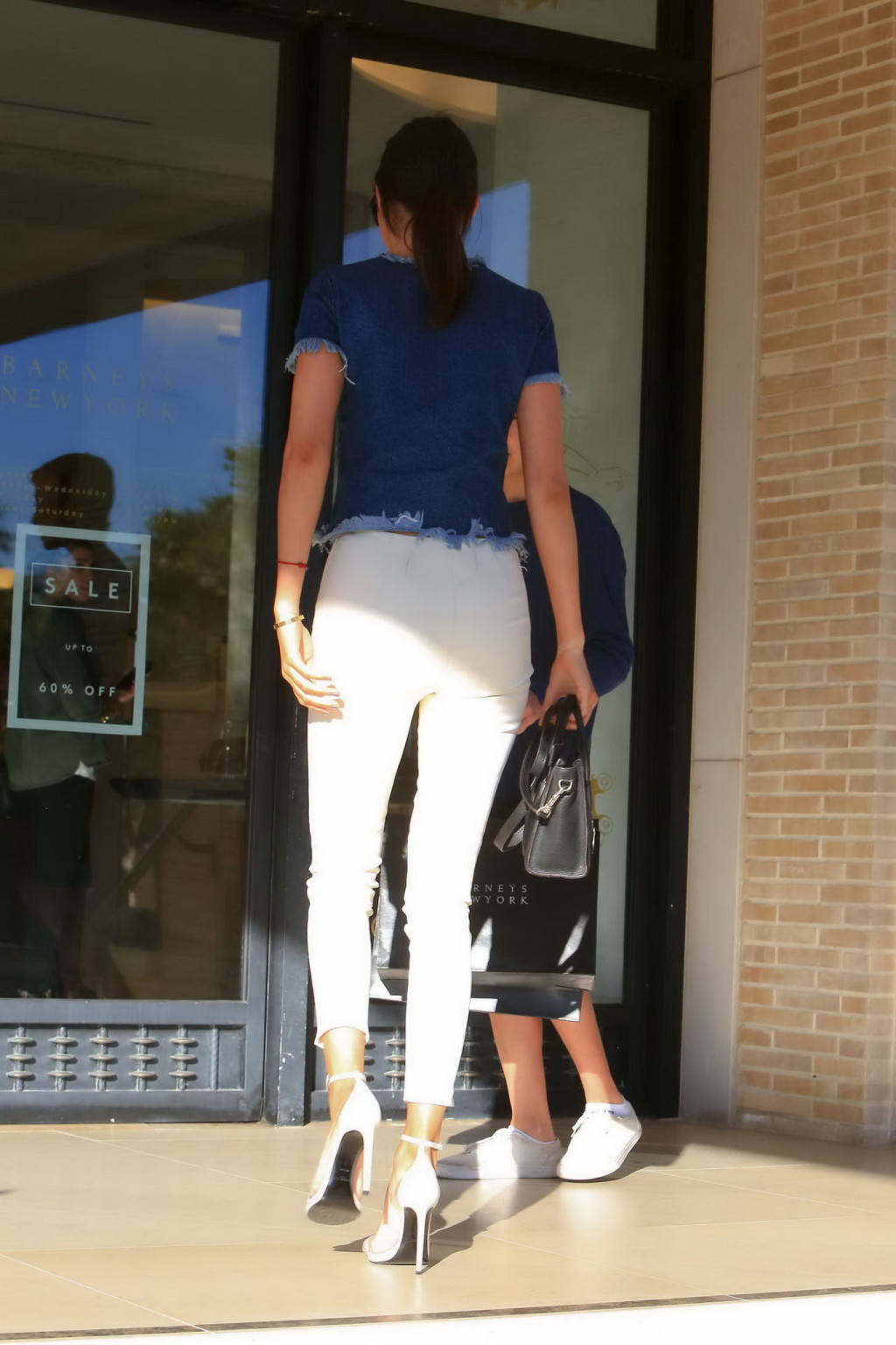Kendall Jenner showing ass in tight white pants and denim top while shopping in  #75177162