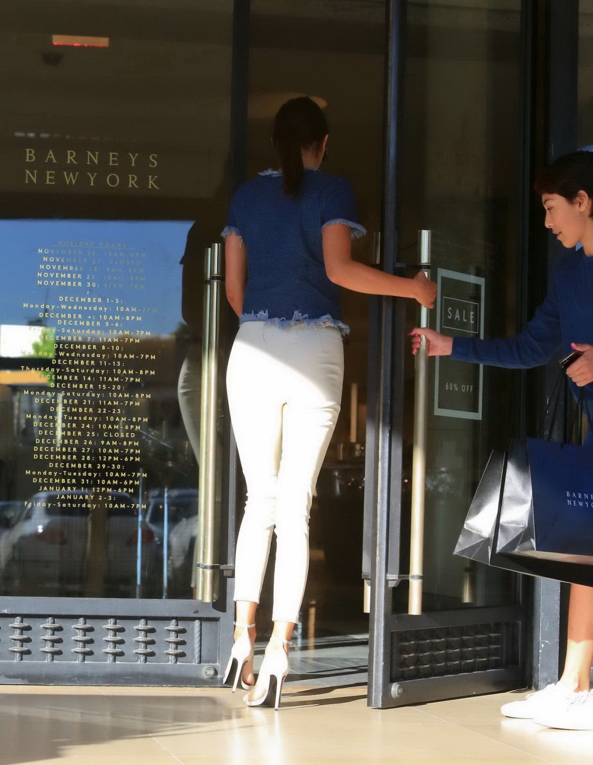 Kendall Jenner showing ass in tight white pants and denim top while shopping in  #75177188