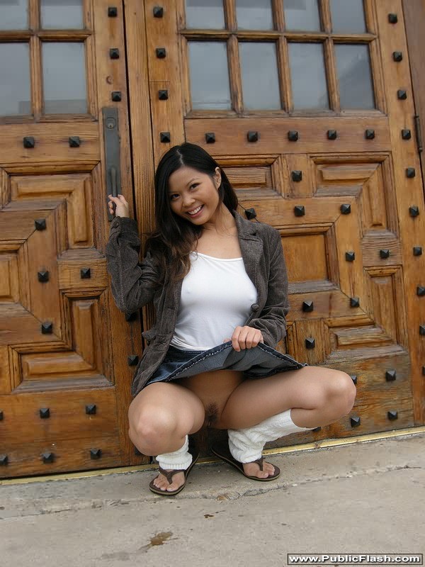 Cute big tit Asian American flasher in short skirt #68444571