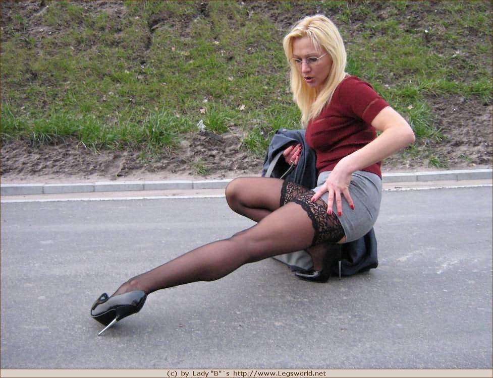 Leggy german amateur in stockings poses outdoors #78028937