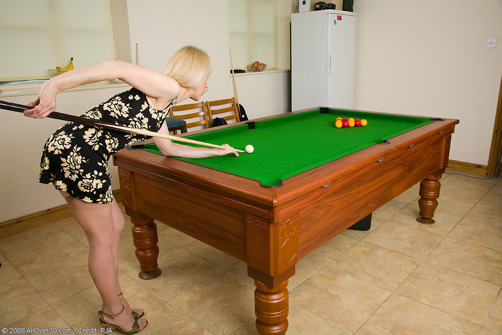 Older blonde lady Hazel shooting pool in nylons spreading hairy pussy #73706168
