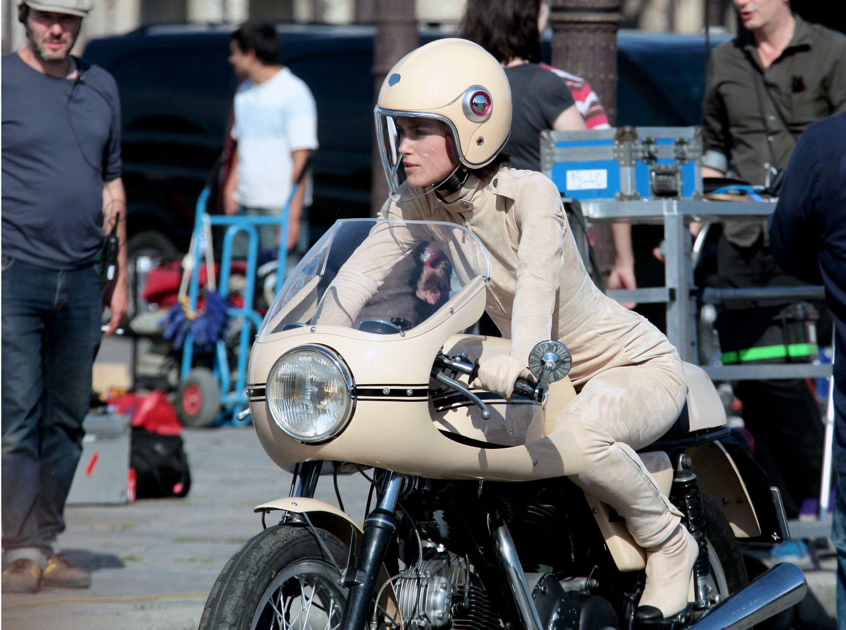 Keira Knightley in tight retro motorcycle suit shooting a commercial in Paris #75334679