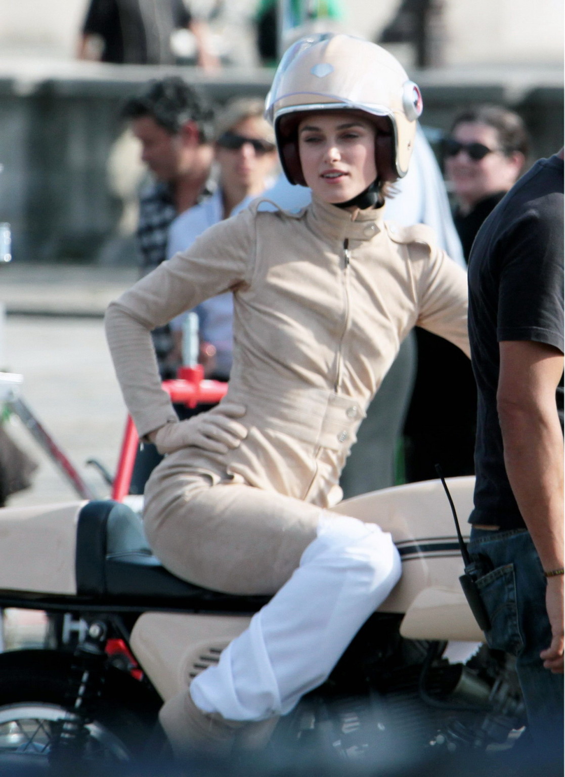 Keira Knightley in tight retro motorcycle suit shooting a commercial in Paris #75334732