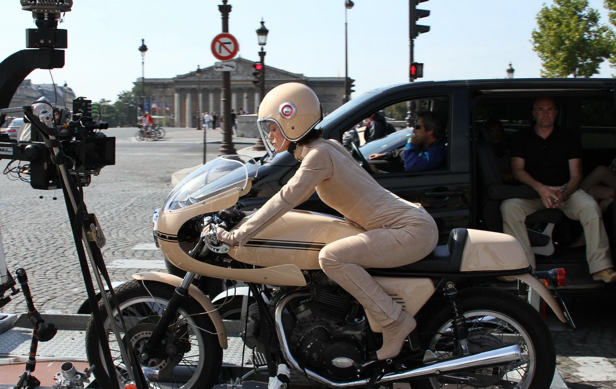 Keira Knightley in tight retro motorcycle suit shooting a commercial in Paris #75334751
