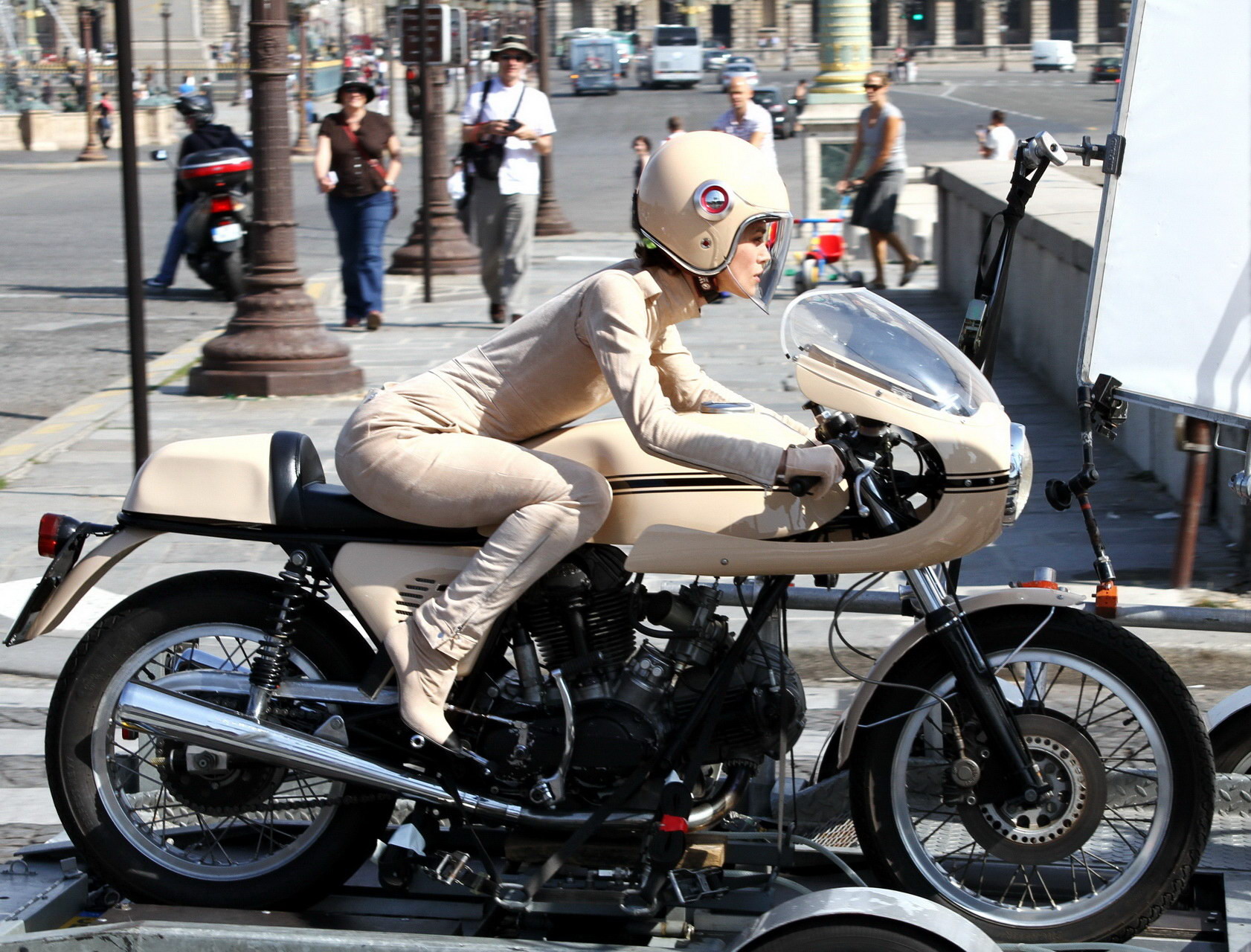Keira Knightley in tight retro motorcycle suit shooting a commercial in Paris #75334787