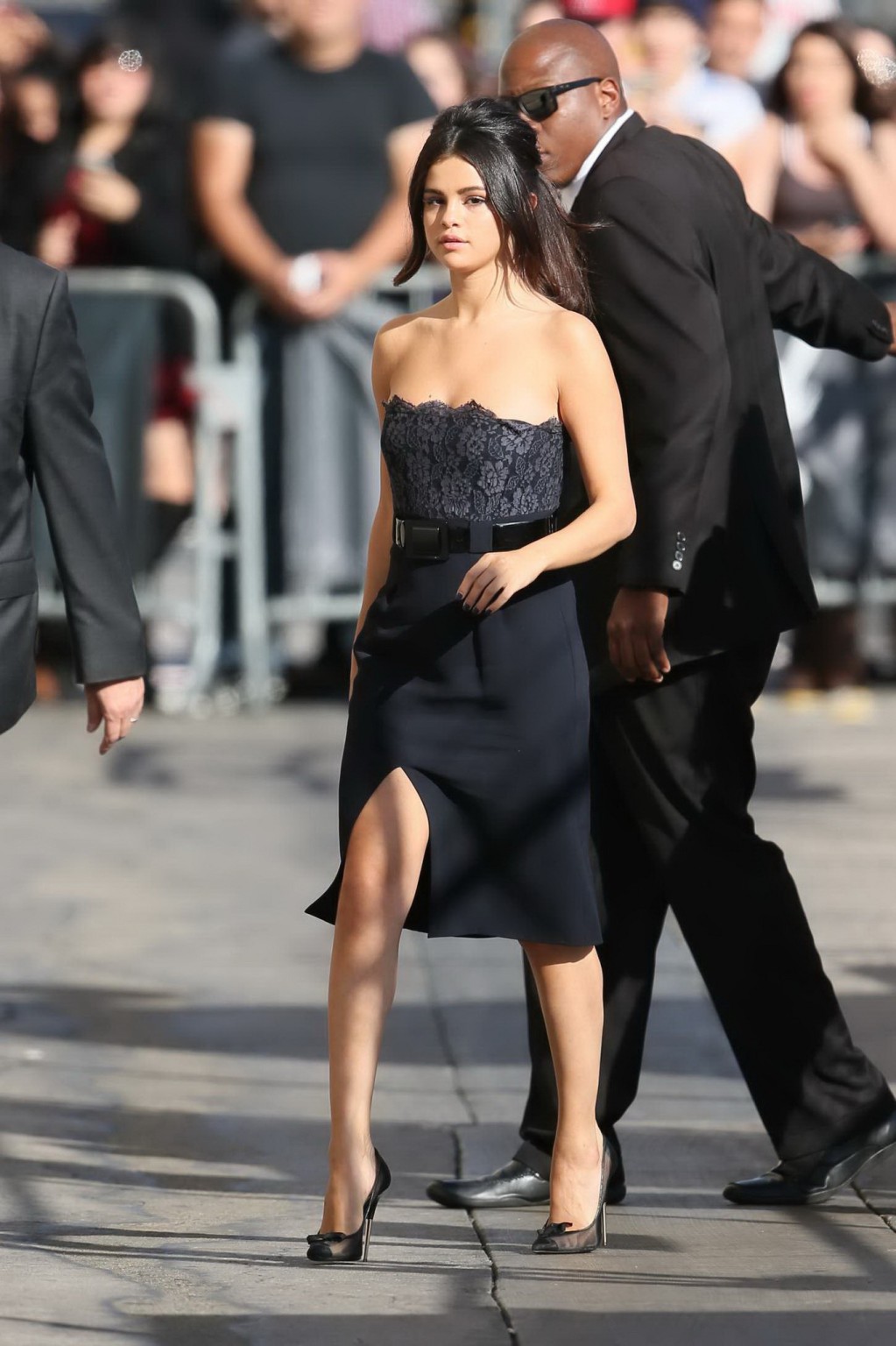 Selena Gomez busty and leggy in black strapless high slit dress arrives to Jimmy #75183672