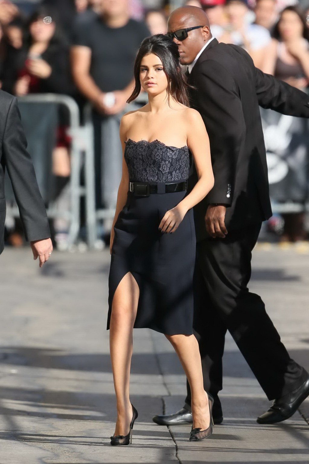 Selena Gomez busty and leggy in black strapless high slit dress arrives to Jimmy #75183683