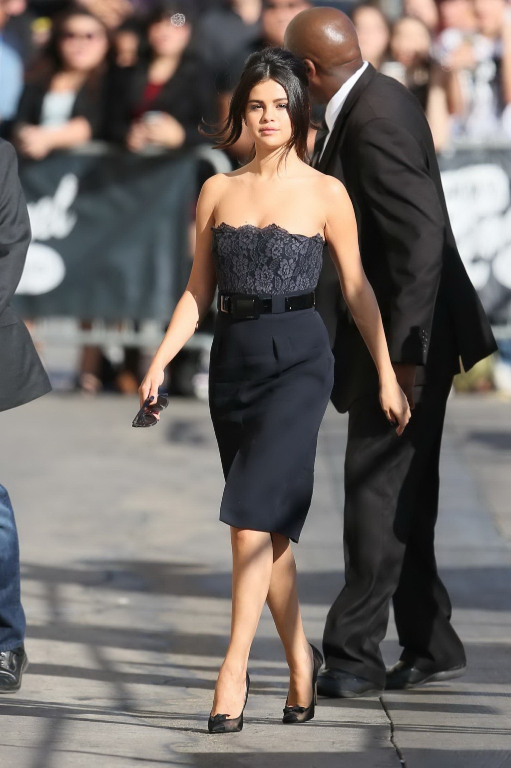 Selena Gomez busty and leggy in black strapless high slit dress arrives to Jimmy #75183698