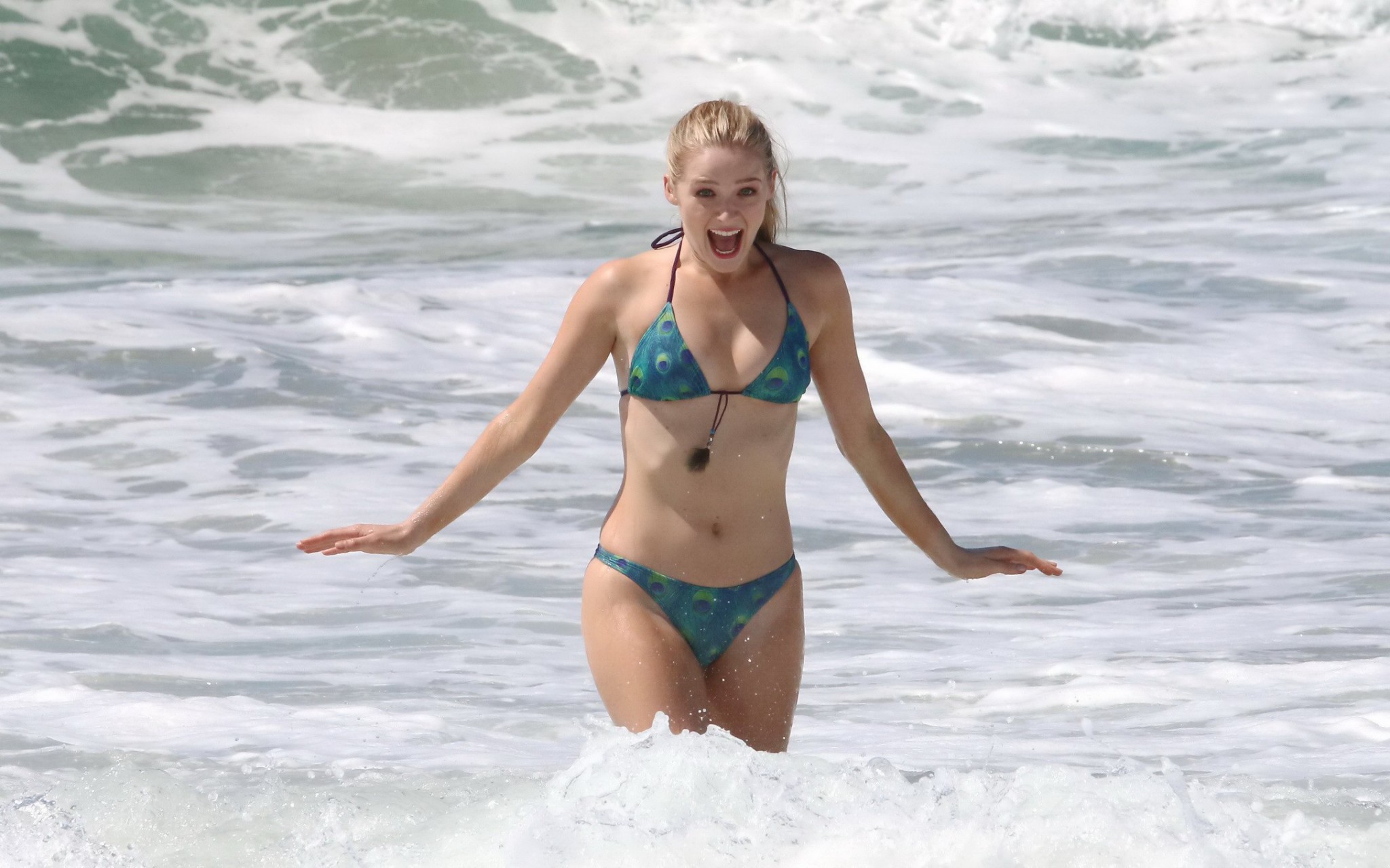 Greer Grammer busty in tiny peacock feather print bikini at the beach in Los Ang #75168214