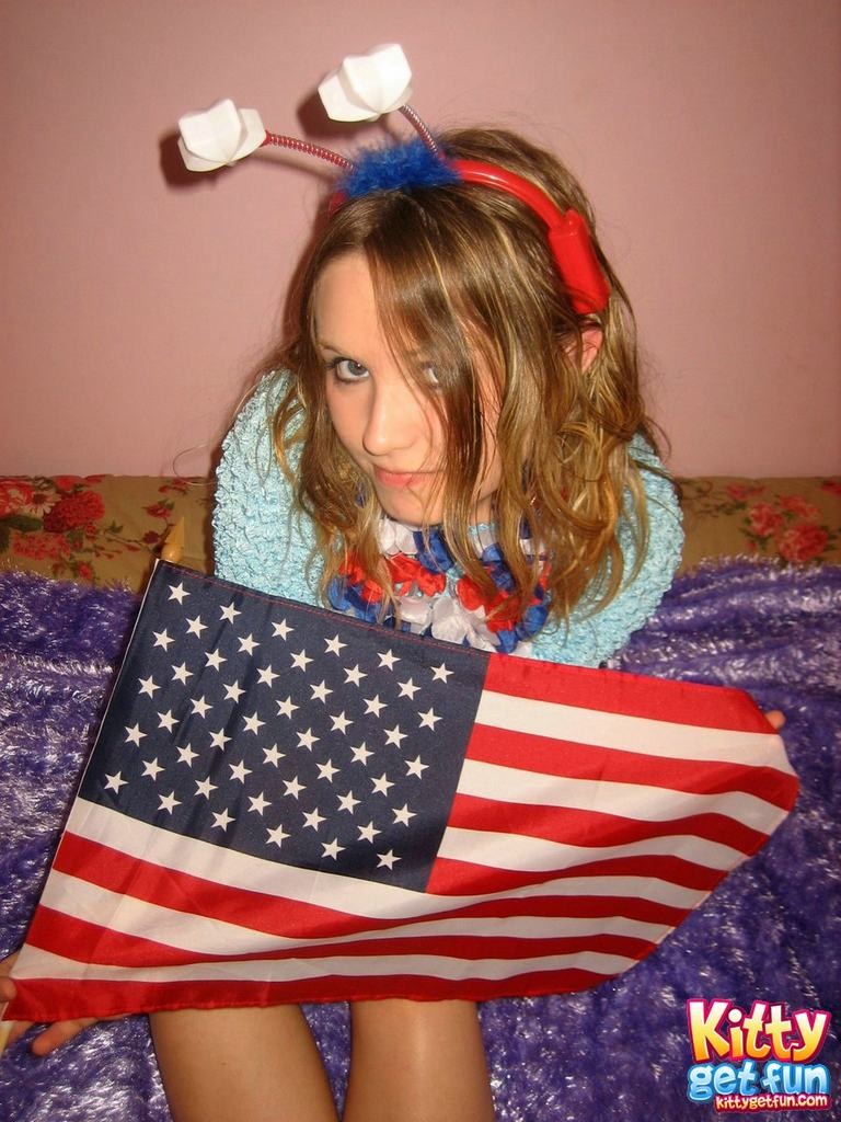 Eighteen year old in bed with flag sticking out of ass cheeks #78766478