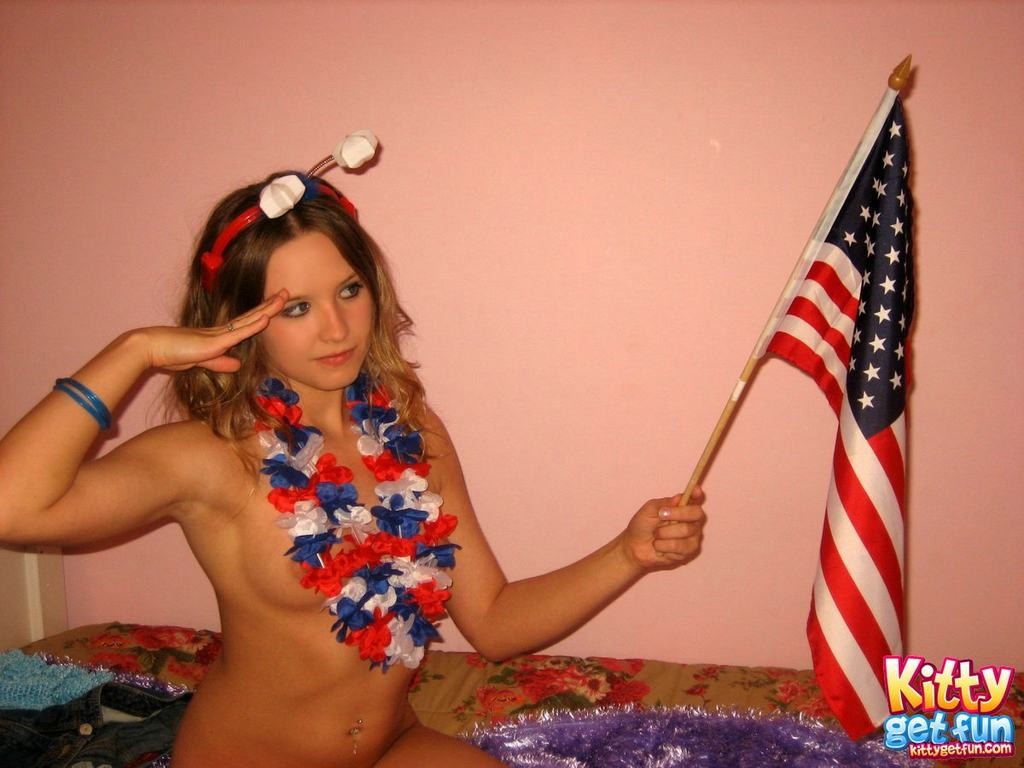 Eighteen year old in bed with flag sticking out of ass cheeks #78766524