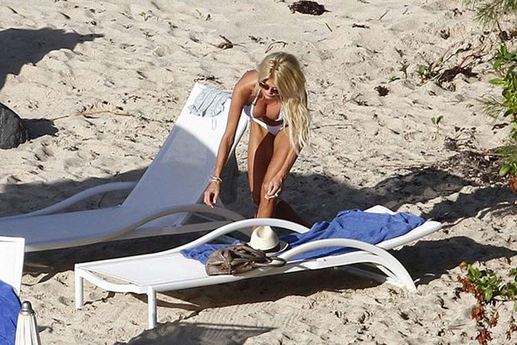 Victoria Silvstedt posing on beach and showing huge boobs in white bikini #75276845