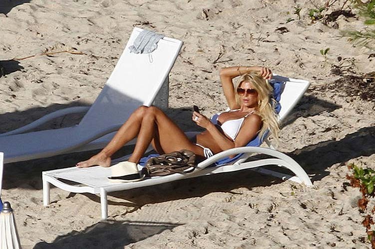 Victoria Silvstedt posing on beach and showing huge boobs in white bikini #75276854