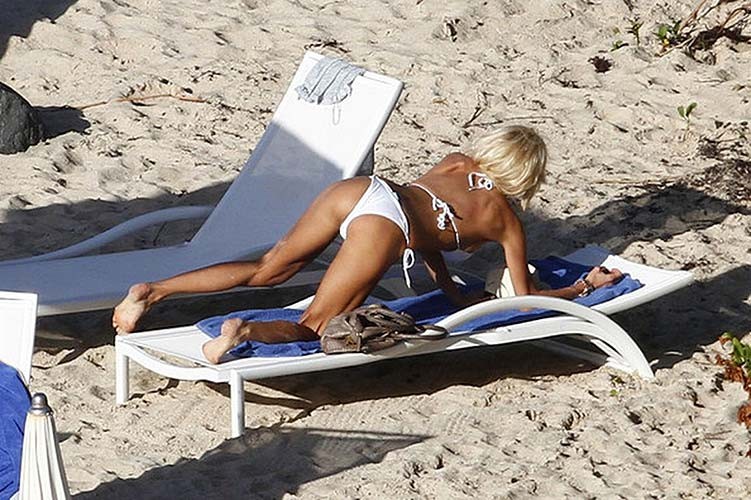Victoria Silvstedt posing on beach and showing huge boobs in white bikini #75276897