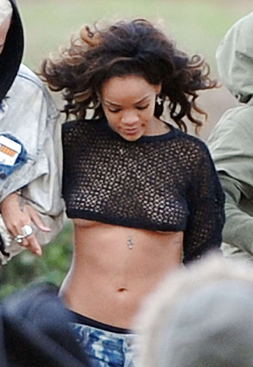 Rihanna in stockings and showing her tits in see thru top paparazzi pictures #75287316