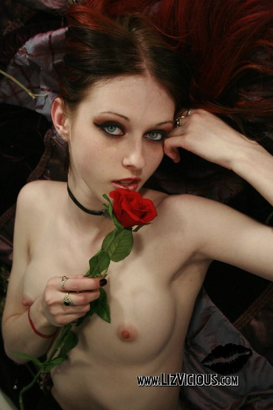 Beauté gothique pâle caressant son corps avec une rose rouge sang
 #78799136