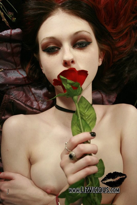 Pallida bellezza goth che accarezza il suo corpo con una rosa rossa sangue
 #78799137