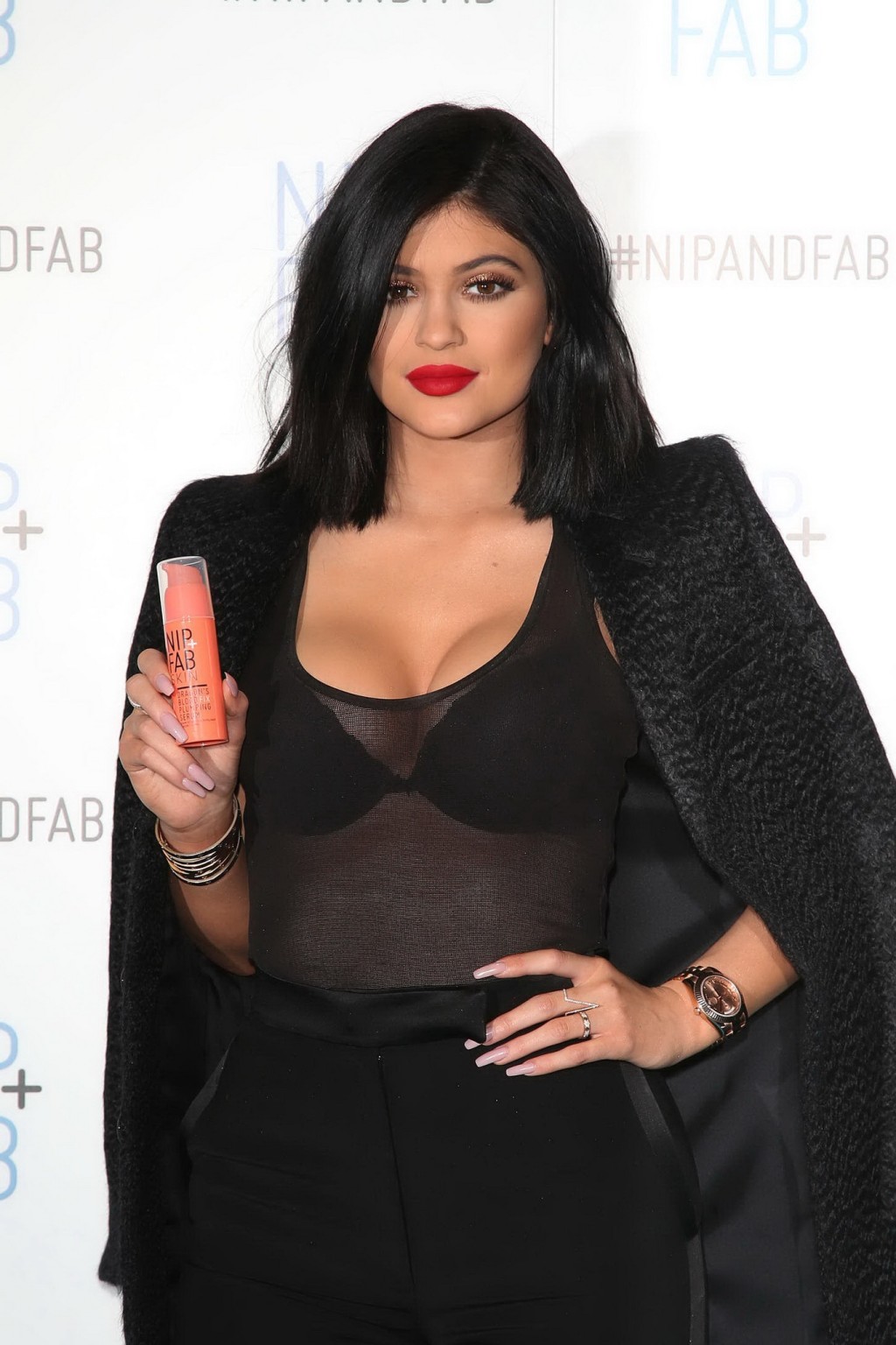 Kylie Jenner busty and see through to bra for Nip  Fab Photocall in London #75170064