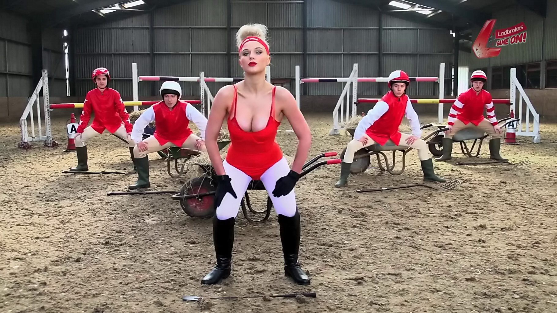 Helen Flanagan bursting out of red hot bodysuit at the Cheltenham workout for La #75239033