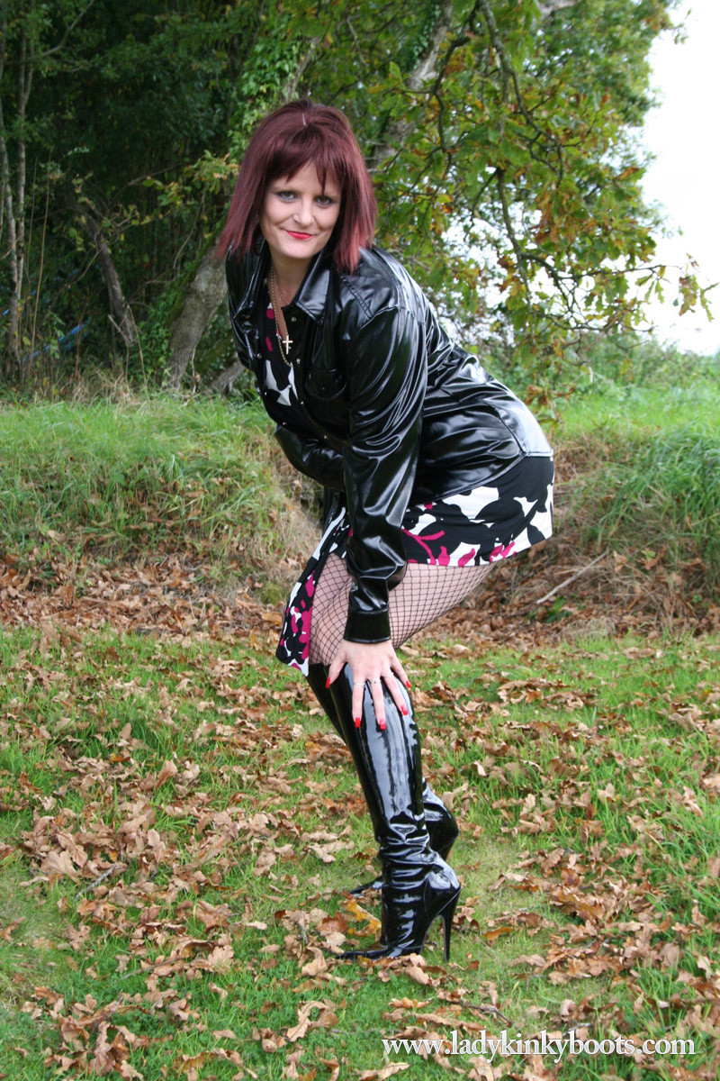 Lady Kinky Boots Exhibitionist Outside in Knee Boots #76564052