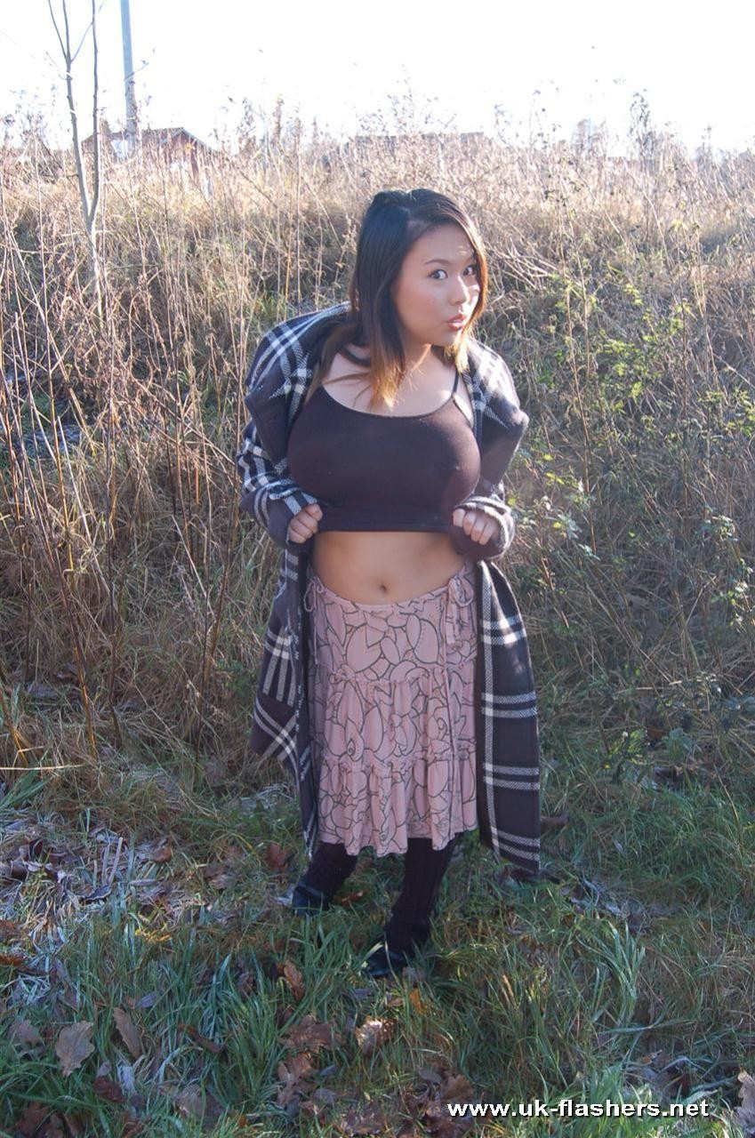 Tigerr Juggs gets her giant fake tits out in a park next to a bu #67331463