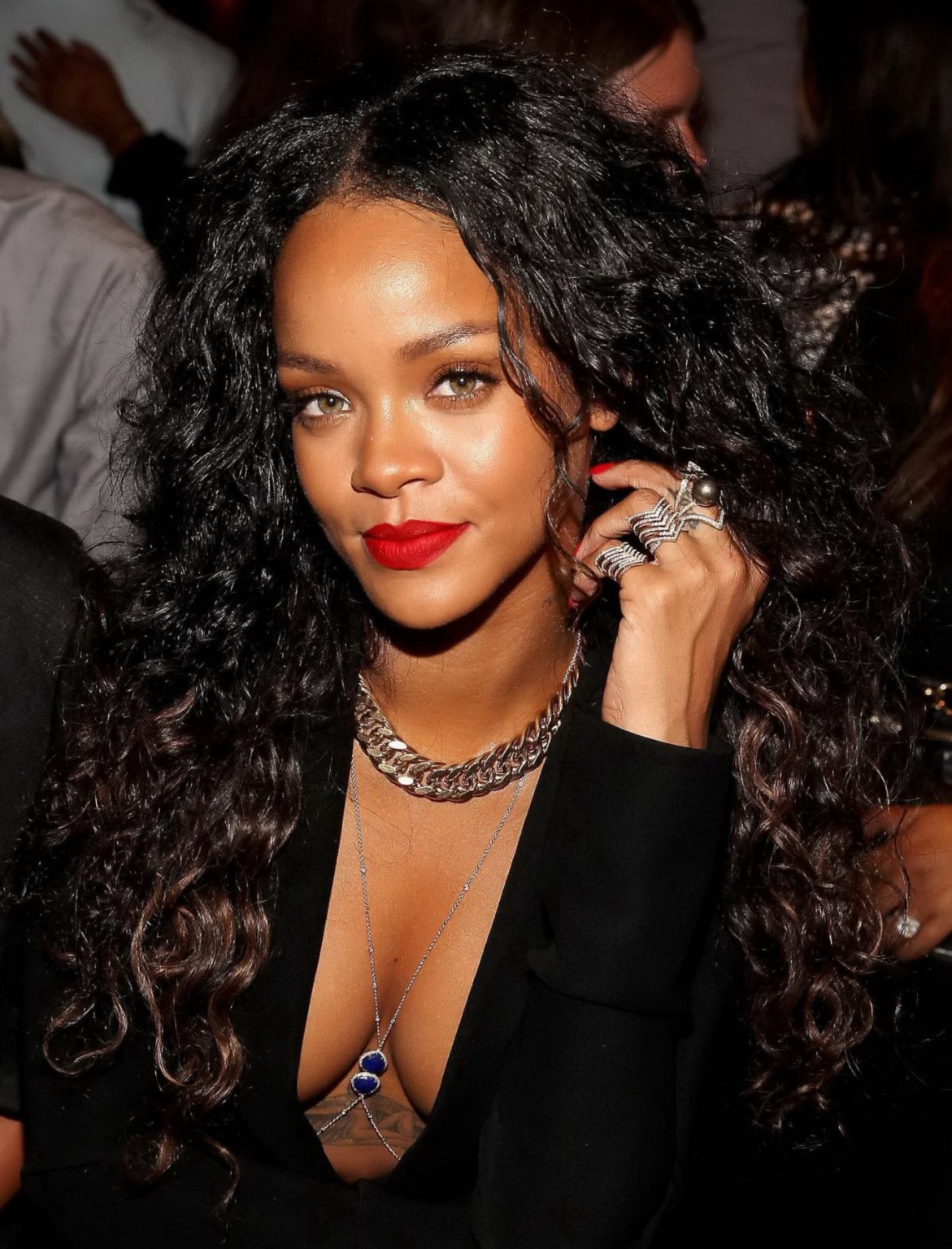 Rihanna cleavy and flashing her panties in a wide open black mini dress at the f #75186307