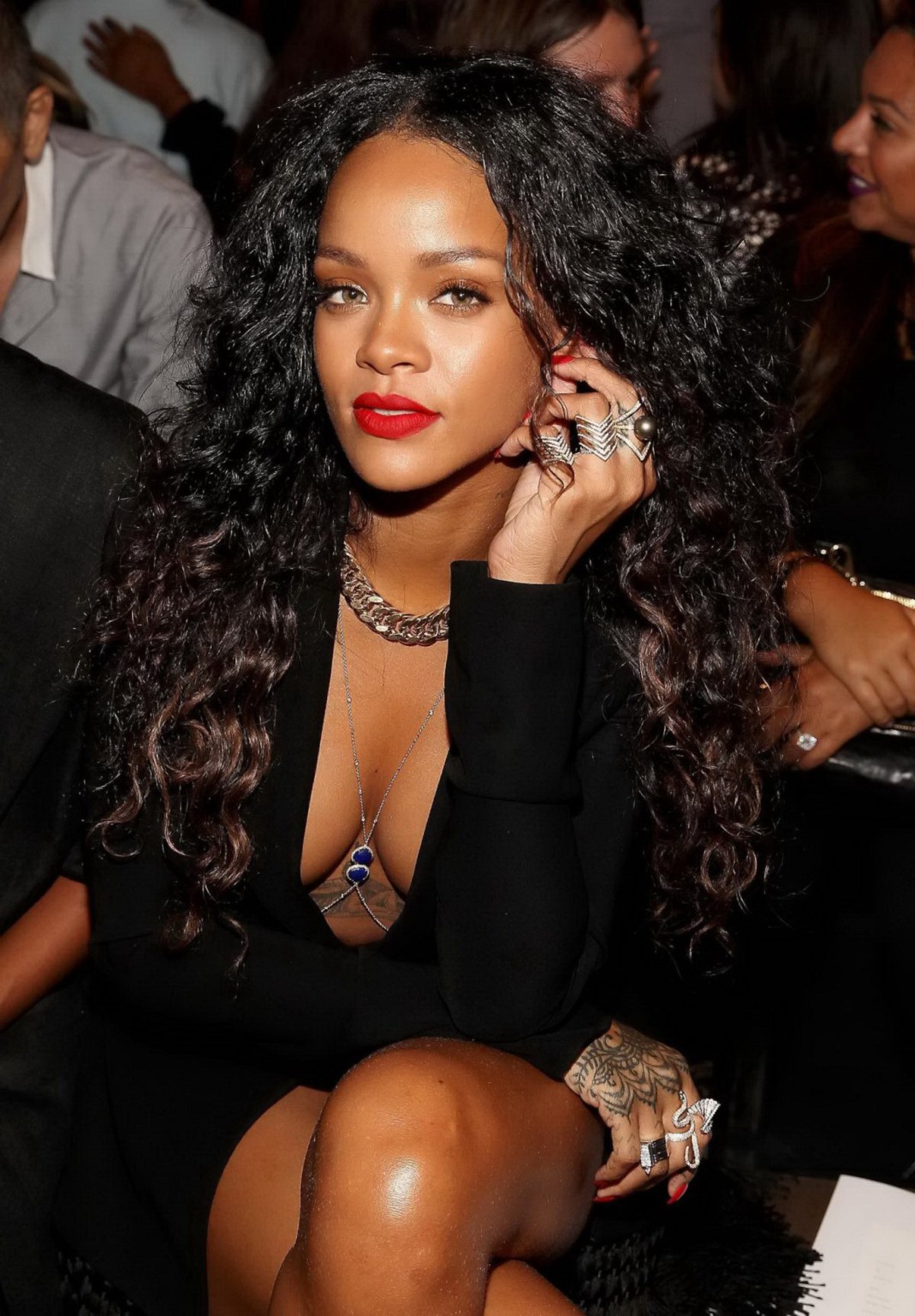 Rihanna cleavy and flashing her panties in a wide open black mini dress at the f #75186311
