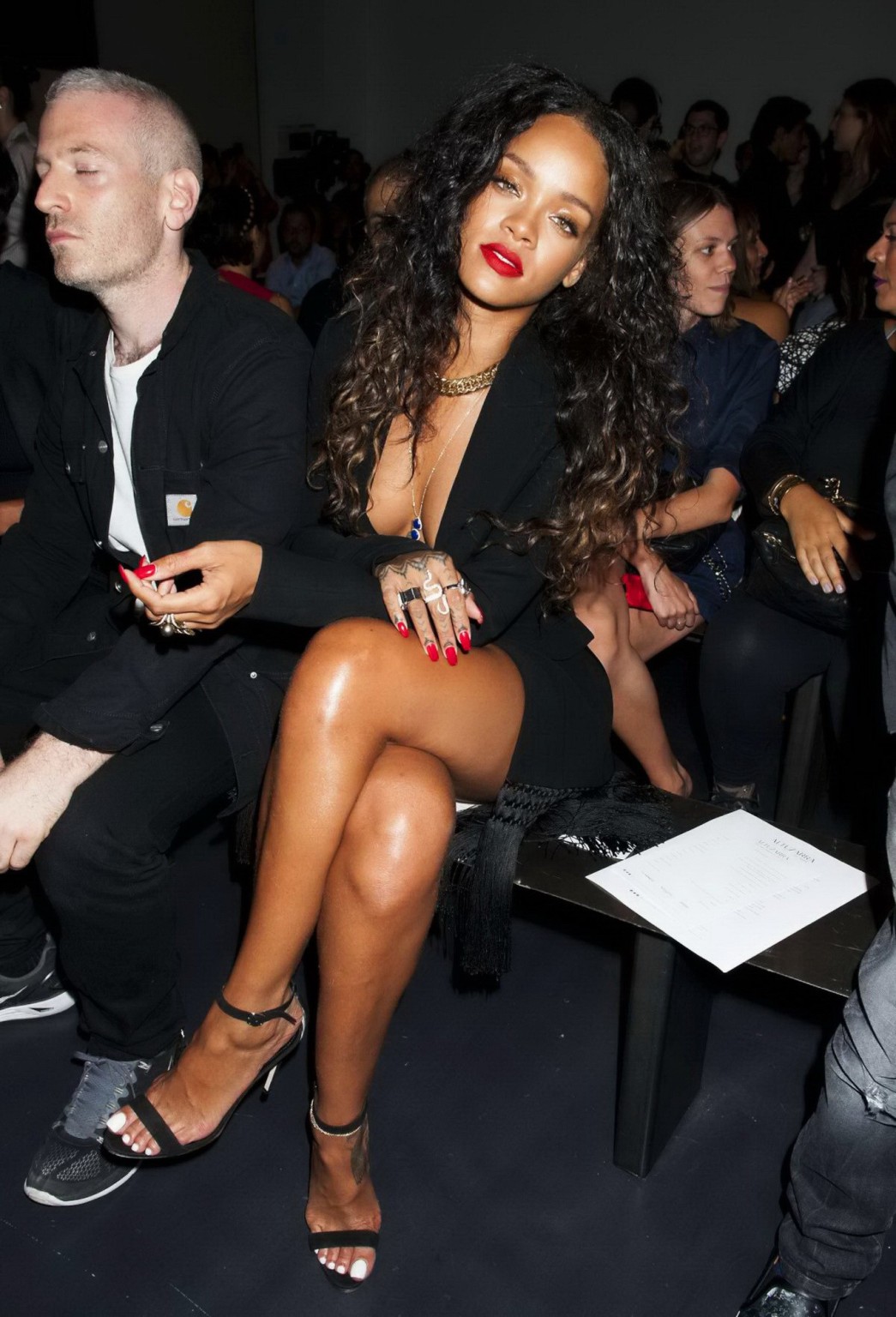 Rihanna cleavy and flashing her panties in a wide open black mini dress at the f #75186358