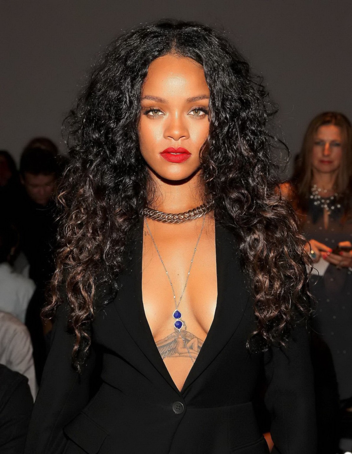 Rihanna cleavy and flashing her panties in a wide open black mini dress at the f #75186446