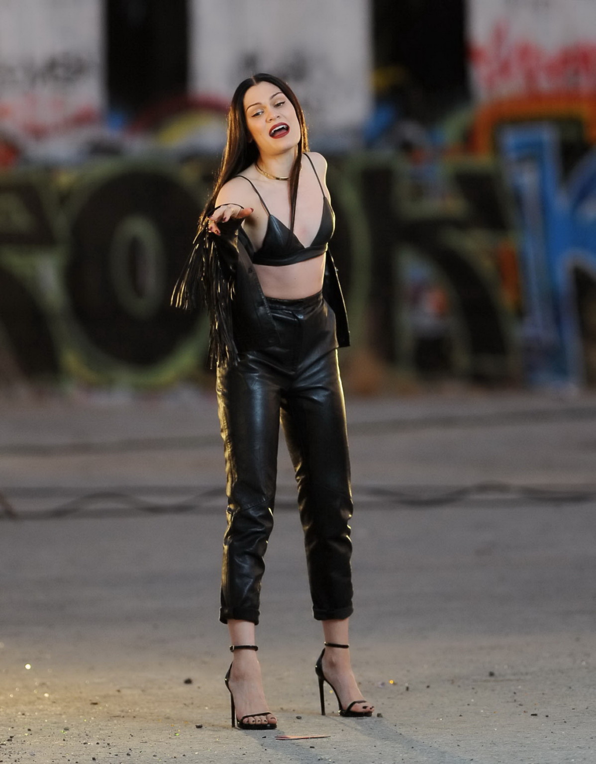 Jessie J showing boobs in tiny black leather bra on the set of her new music vid #75180774