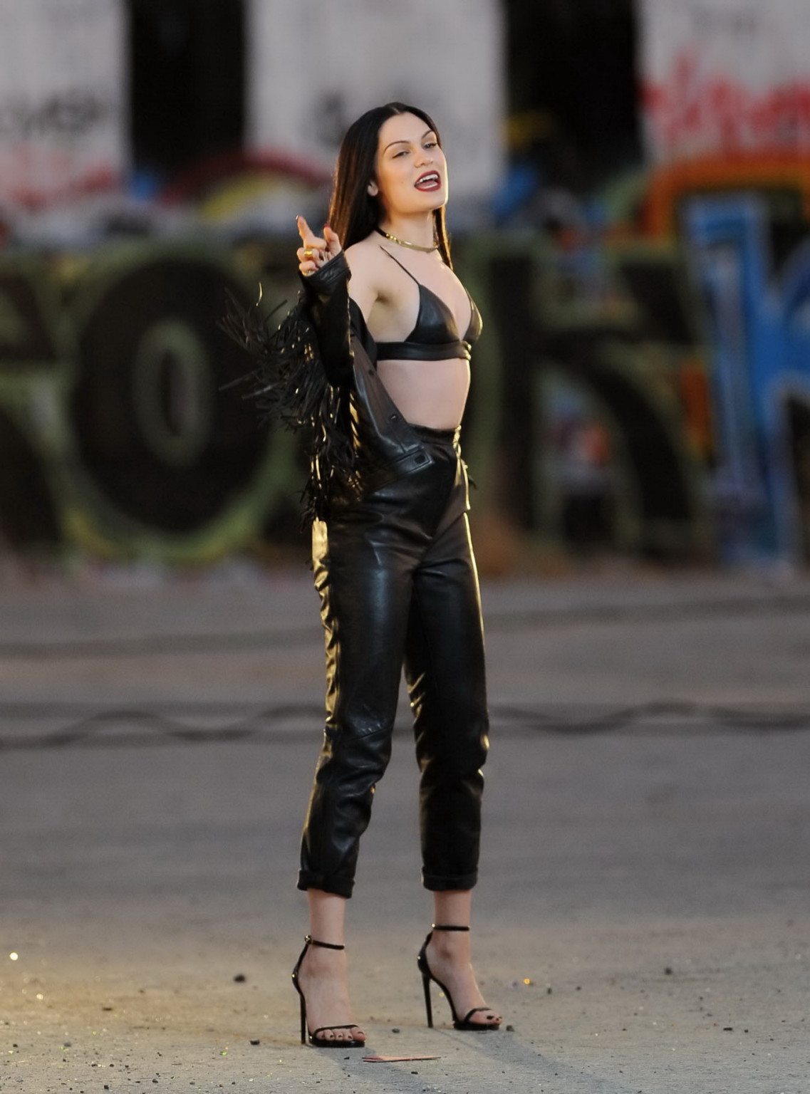 Jessie J showing boobs in tiny black leather bra on the set of her new music vid #75180780