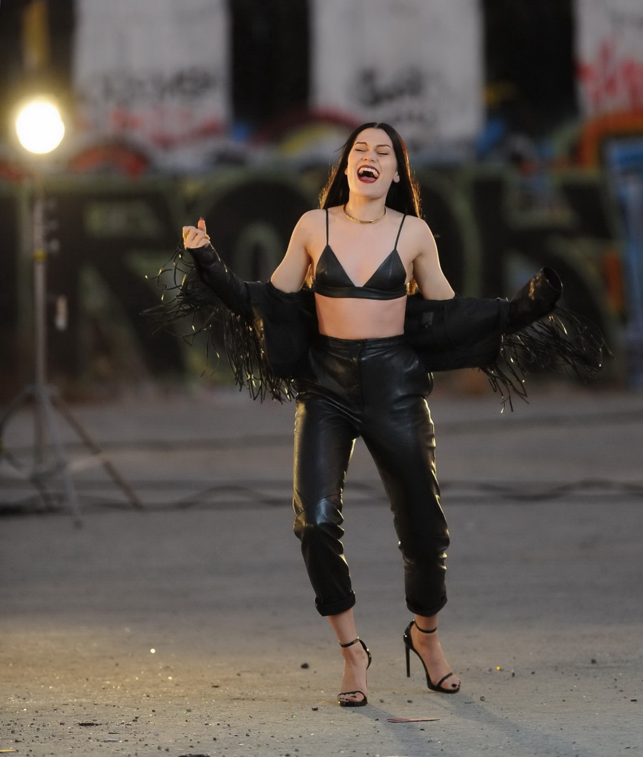 Jessie J showing boobs in tiny black leather bra on the set of her new music vid #75180811