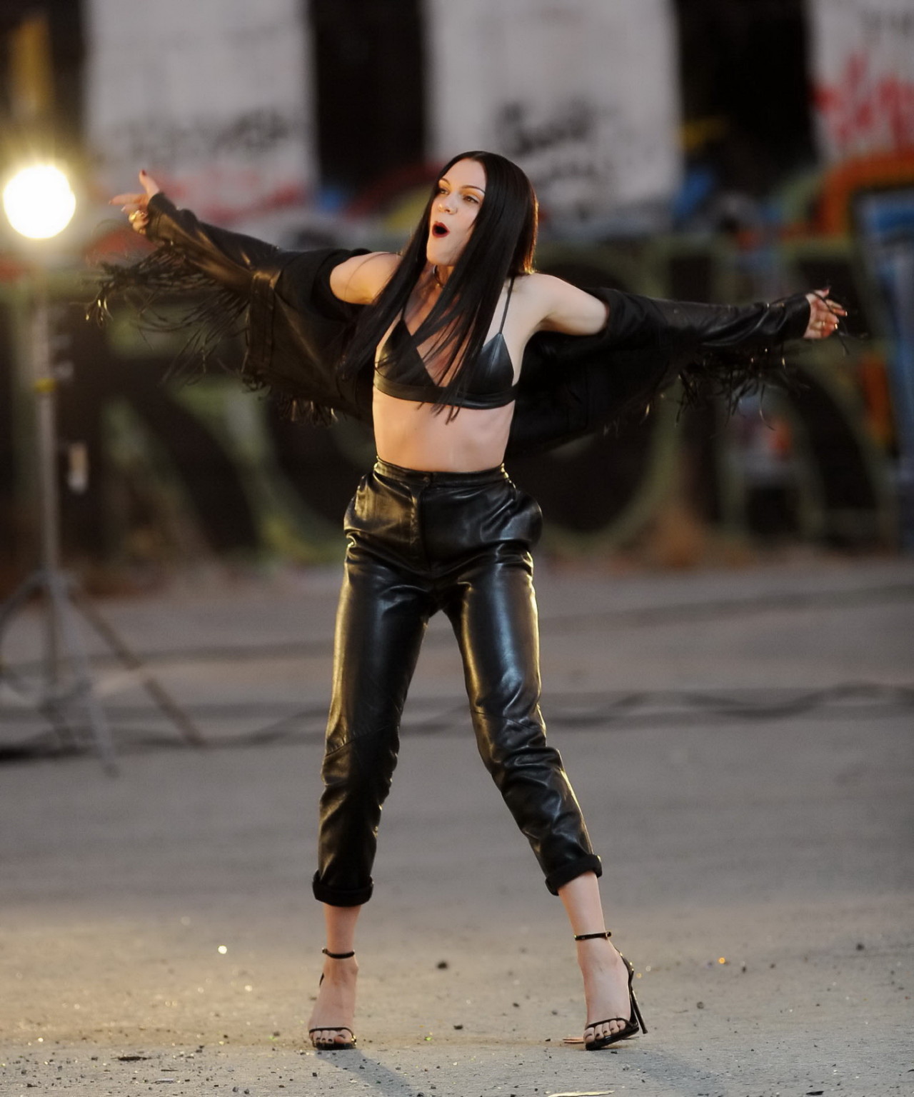Jessie J showing boobs in tiny black leather bra on the set of her new music vid #75180839