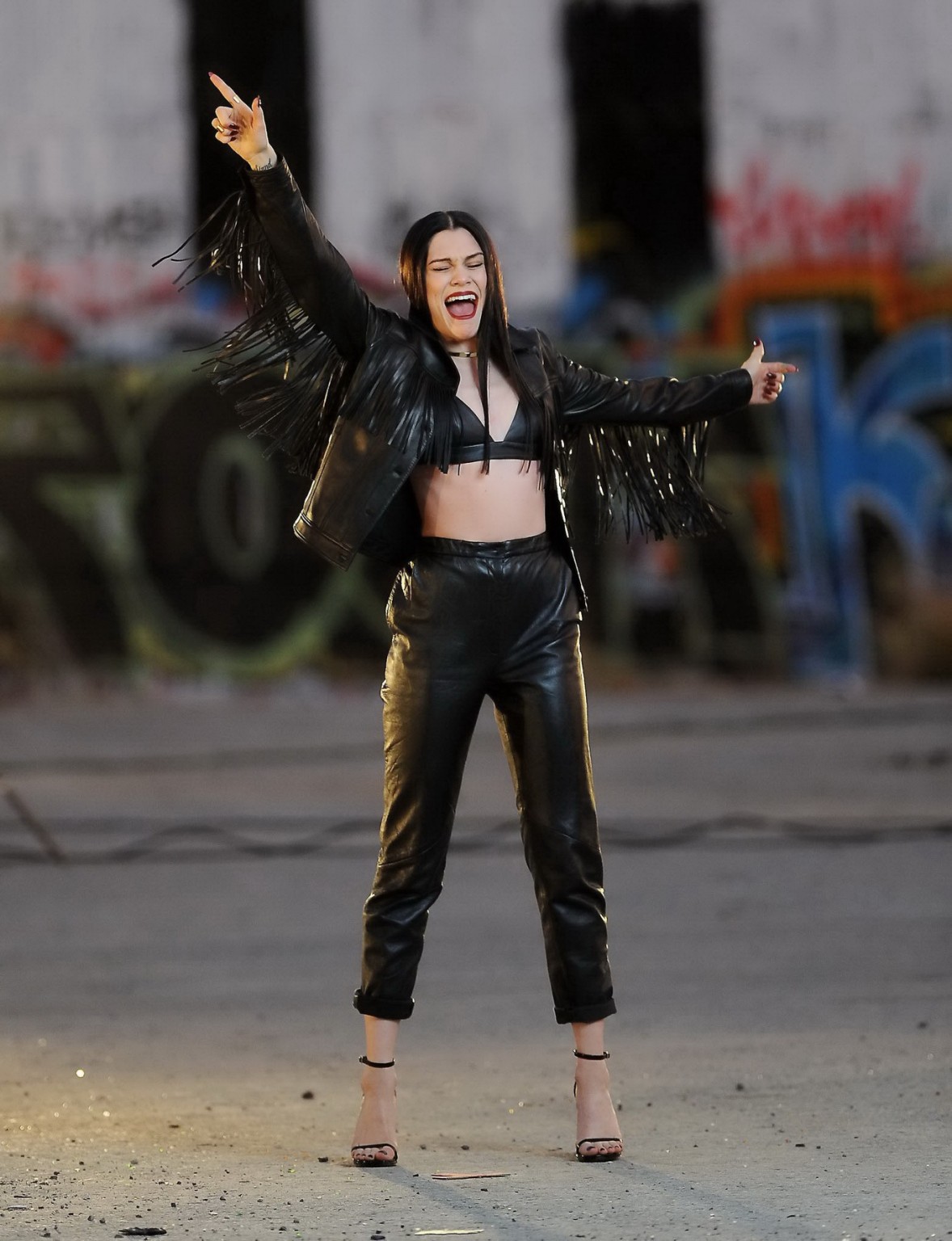 Jessie J showing boobs in tiny black leather bra on the set of her new music vid #75180859