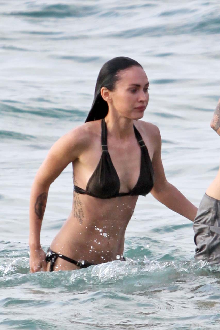 Megan Fox showing her great body in black bikini and upskirt in car paparazzi sh #75323283