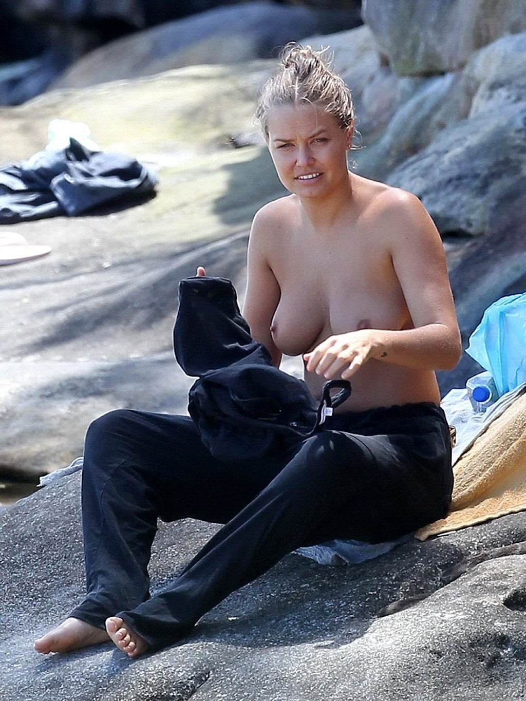 Lara Bingle topless showing off her big boobs on a beach in Sydney #75278421