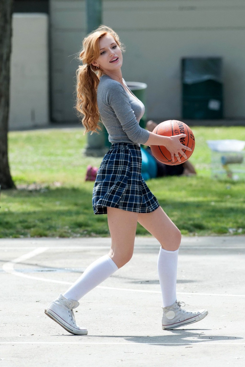 Bella Thorne playing basketball in a schoolgirl outfit on the set of Mostly Ghos #75200776