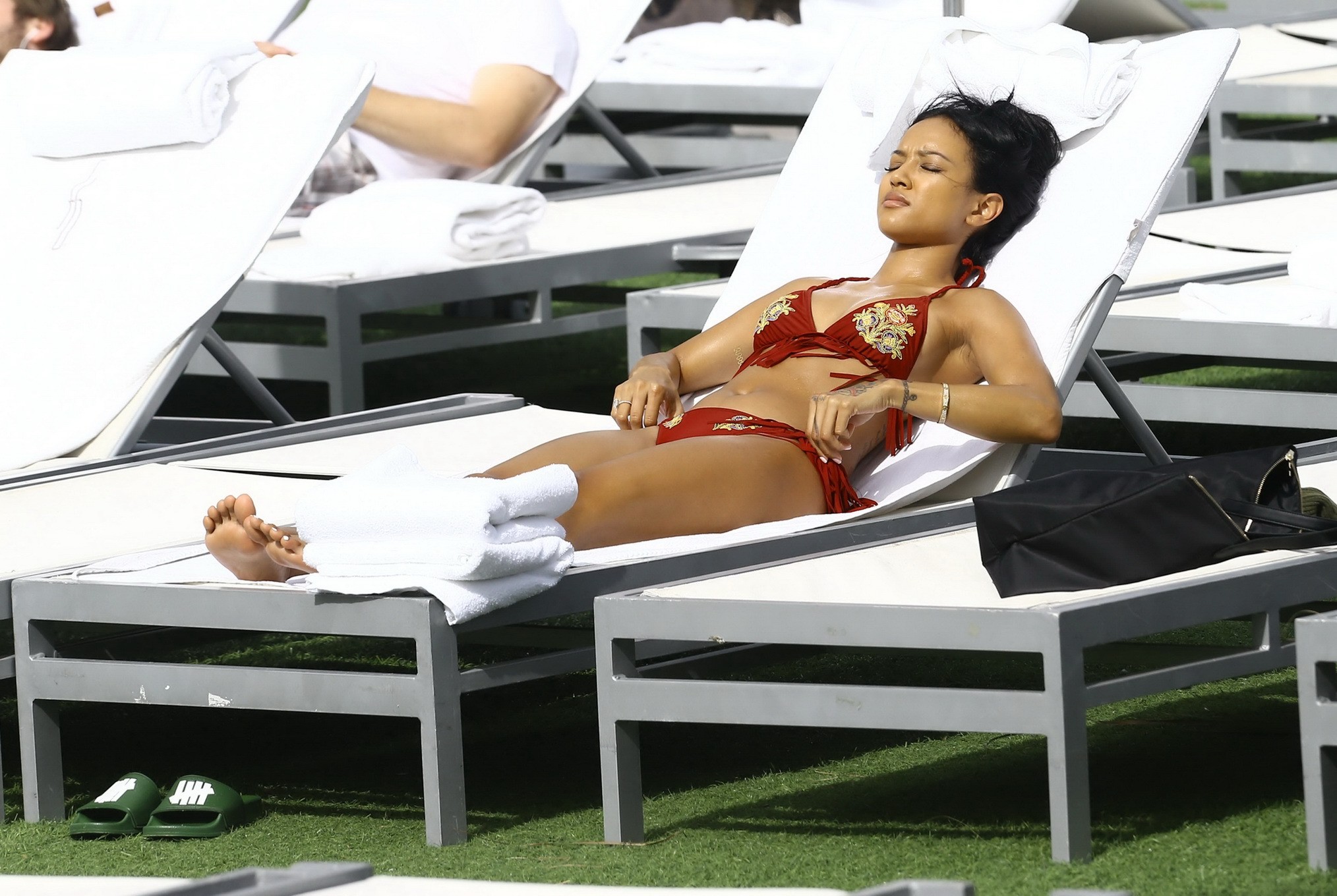 Karrueche Tran busty and booty in tiny red bikini poolside #75148463